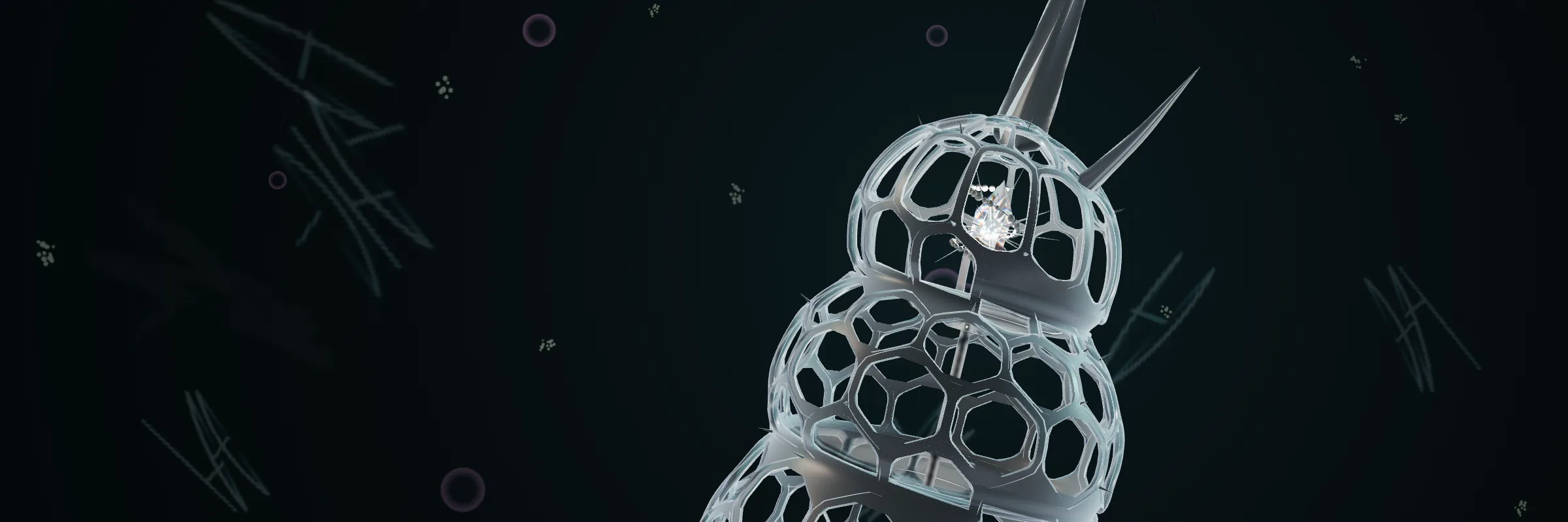 Specimen 001, the head chamber: the Genome core, its 32 needles and 43 codon beads, inside the silica skeleton.